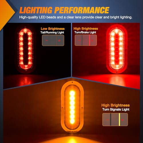 Image of Nilight Trailer Tail Lights 2PCS 6Inch Oval 23LED Red Amber Chrome