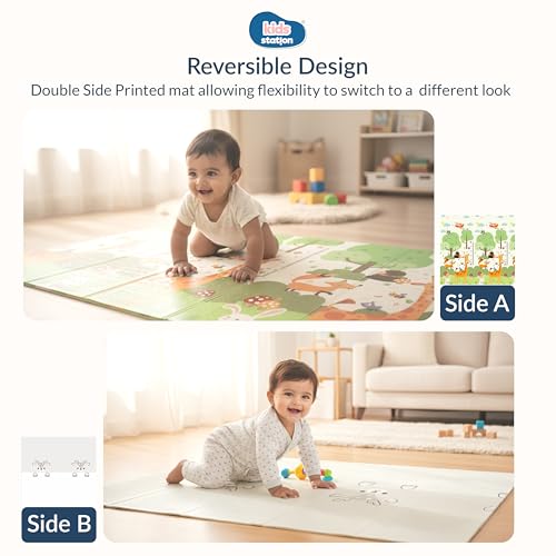 Image of Kids Station Double-Sided Waterproof Baby Playmat - Foldable, Portable & Reversible Foam Mat for Infants, Toddlers & Kids - Soft, Non-Slip, Easy-to-Clean Baby Crawling Mat for Indoor /Outdoor Use (200x150x0.6cm, Colourful Giraffe & Bear Print)