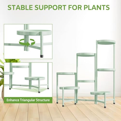 Image of iDavosic.ly 7 Tier Large Plant Stand Indoor, 10 Inch Wide Tall Corner Metal Plant Stands Outdoor for Multiple Plants, Folding Tiered Flower Display Holder Rack Shelf, Light Green