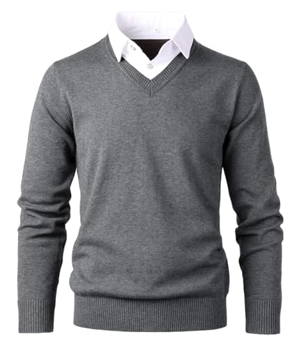 Herothorn Pull-Over en Tricot pour Homme Pull-Over Tendance Doux au Toucher Sweat-Shirt à col en V avec col Chemise à Carreaux ou Blanc