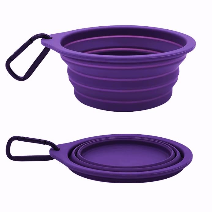 Collapsible Travel Pet Bowl with Carabiner for Dogs and Cats, Portable Silicone Pet Bowl for Waking, Hiking and Traveling (Purple)