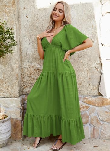 Image of Kikibell Women Summer Dresses Sexy V-Neck Maxi Dress Tiered Silhouette with Flutter Sleeve Backless Elastic Waist Flowy Dress