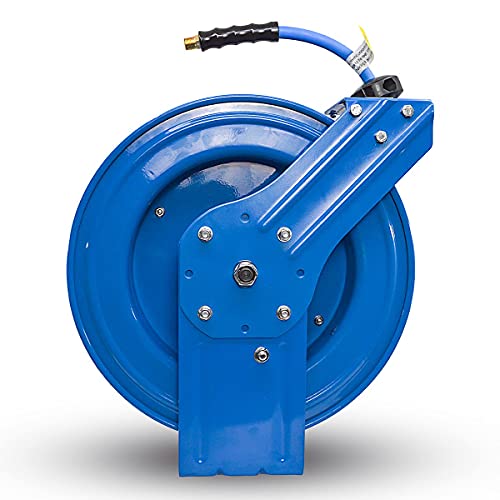 Blubird Bbr3875 18Ga. Retractable Hose Reel With 3/8" X 75' Air Hose, 12 Point Ratcheting Gear, Next-Gen Rubber, Lightest, Strongest, Most Flexible, 300 Psi, -50F To 190F Degrees, Polyester Braided #TOP1