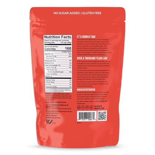 Lakanto Cinnamon Almond Crunch Granola - Delicious Snack, Quick Breakfast Cereal, Keto Friendly, Monk Fruit Sweetener, No Sugar Added, Vegan, Gluten Free, Grain Free, Low Net Carbs (11 Oz)
