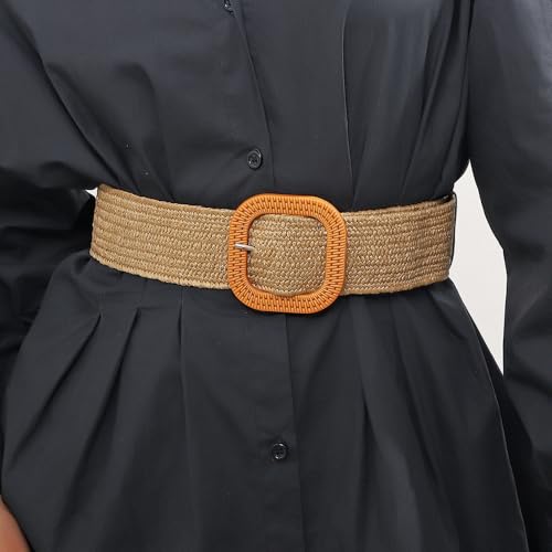 3-Pack Unisex Rattan Straw Raffia Summer Belts - Elastic Stretch Woven Wide Waist Bands for Men & Women3