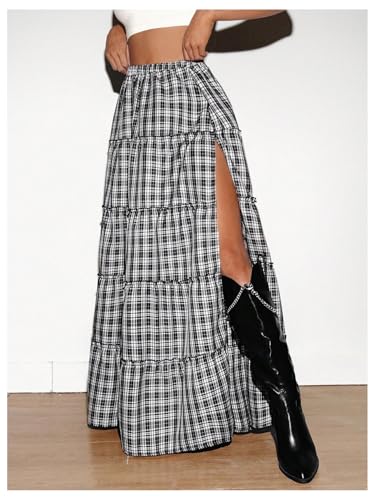 Verdusa Women's Ruffle Gingham Plaid Long Skirt Flowy Casual Split Thigh Elastic Waist Maxi Skirts3