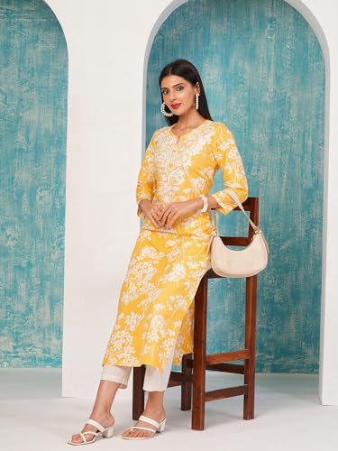 Image of GoSriKi Women's Cotton Blend Chikankari Embroidered Straight Kurta