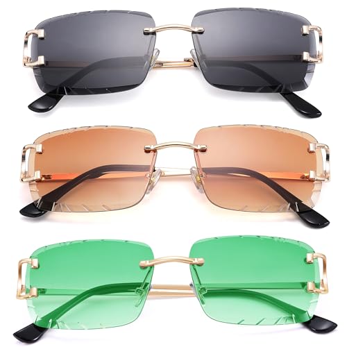 Rimless Rectangle Sunglasses for Men/Women- Frameless Square Trendy Shade - Diamond Cutting Eyewear - Black + Green + Brown