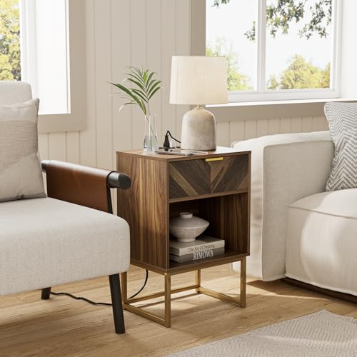 Image of Masupu Nightstand with Charging Station,Modern Night Stand Boho Farmhouse Wood Bedside Table with Storage Drawer Side End Table for Bedroom,Living Room,Office,Walnut Brown with Outlet