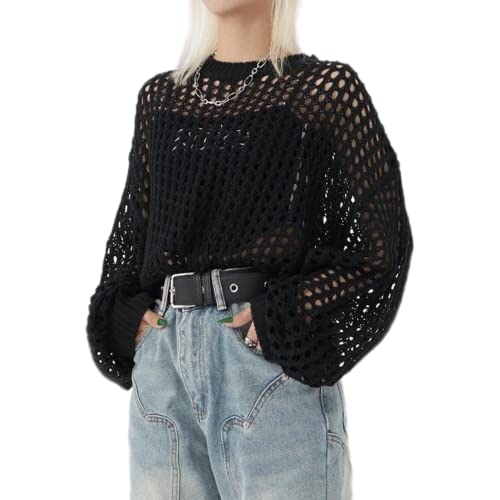 Image of Women Y2K Crochet Knit Hollow Out Blouse Top Sweater Fishnet Long Sleeve Oversized Pullovers T Shirt