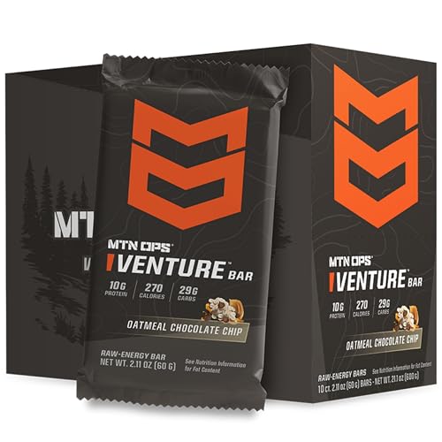 MTN OPS Protein Bars – Energy Snack with 10g Protein, Gluten-Free, Oatmeal Chocolate Chip Venture Bar for Hiking & On-the-Go Fuel, 10 Bars