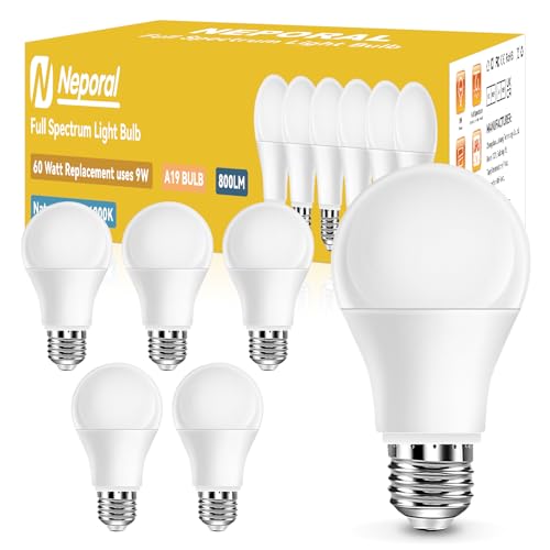Full Spectrum Light Bulb, 6000K Natural Sunlight Bulbs, 9W 60W Equivalent LED Light Bulb, Natural Light Bulbs A19, E26/E27 LED Light Bulbs for Home, 6 Pack Full Spectrum Light Bulb, 6000K Natural Sunlight Bulbs, 9W 60W Equivalent LED Light Bulb, Natural Light Bulbs A19, E26/E27 LED Light Bulbs for Home, 6 Pack