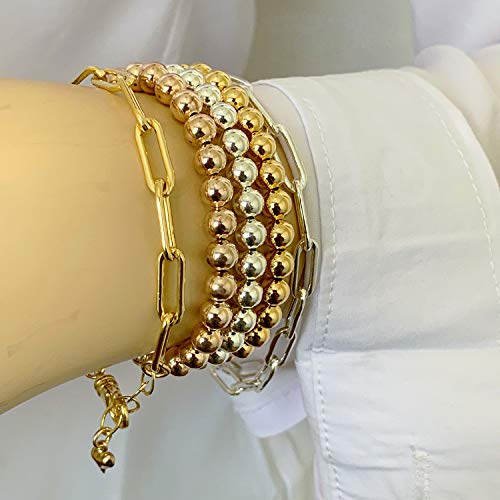 Gold Beaded Bracelet Set For Women Stack 14 K Real Gold Plated Ball Bracelets Elastic String Bracelet 4 Mm 5 Mm 6Mm Small Beads Friendship Bracelet For Men Teen Girls (Gold) #TOP2