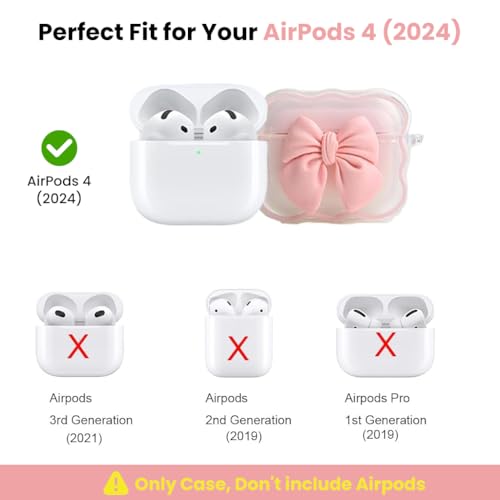 Image of ZORBES Compatible with AirPods 4 case, Silicone Earbud Charging Case Cover for Apple AirPods 4, Sweetly Stylish Pink Bow Charm Earbud Case Cover with Butterfly Charm Floral Chain Lanyard