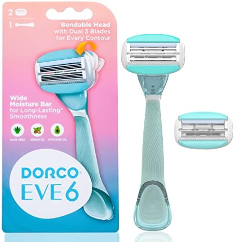 Dorco EVE6 Razors for Women for Extra Smooth Shaving (1 Razor Handle, 2 Pcs Razor Blade Refills), 6 Curved Blades with Flexible Moisture Bar, Womens Razors for Shaving with Aloe Vera Moisture Bar, Interchangeable Cartridge for Sensitive Skin, Mothers Day Gift