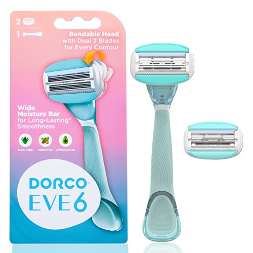 Dorco EVE6 Razors for Extra Smooth Shaving | 1 Razor Handle & 2 Blade Refills | 6 Curved Blades with Flexible Aloe Vera Moisture Bar | Interchangeable Cartridges for Sensitive Skin