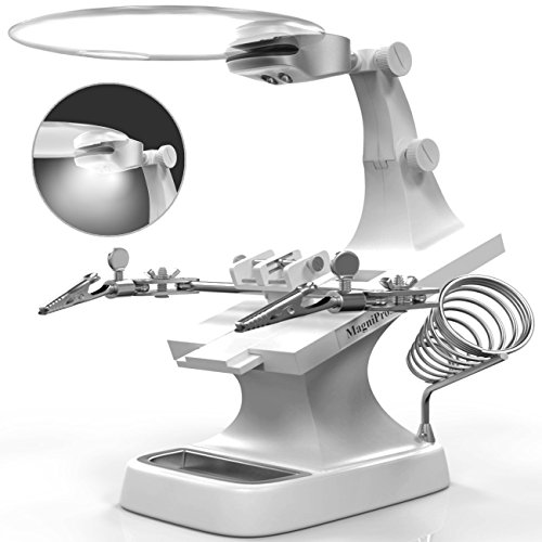 MagniPros LED Light Helping Hands Magnifier Soldering Station - 2X 4X USB Lighted Hands Free Magnifying Glass Stand with Clamp and Alligator Clips - for Soldering, Assembly, Repair, Modeling,Crafts