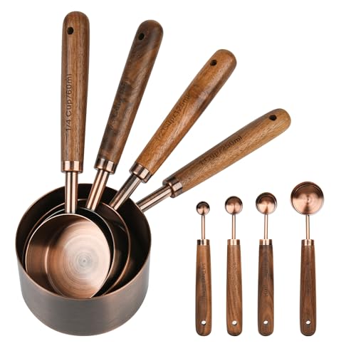 Smithcraft Copper Measuring Cups & Spoons Set 8, Stainless Steel Measuring Cups and Spoons Set for Baking and Kitchen, Metric & US Metal Measure Cup & Spoon with Wood Handle for Dry & Liquid