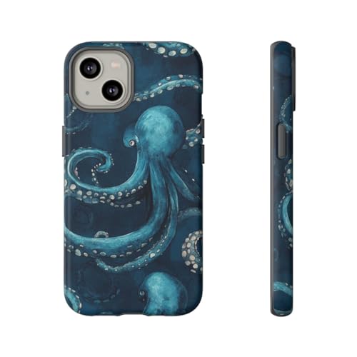 Coque rigide mate iPhone 14 bleu motif tentacules de pieuvre marine
