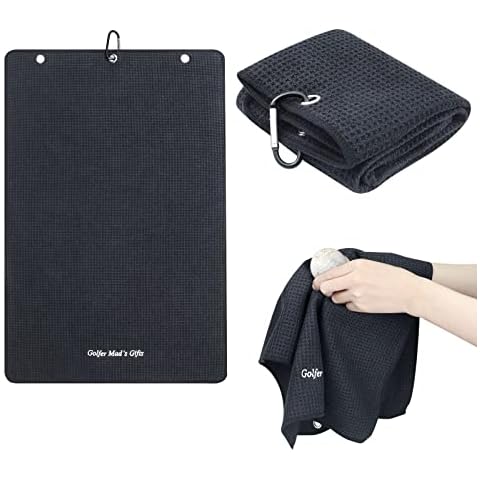 2PCS Embroidered Golf Towels Microfiber Fabric Golf Bag Towel Golfer Mad's Gifts Tri-fold Golf Towel with Carabiner Clip Golf Accessories for Hanging on Golf Club Bag, Yoga Camping Gym, 60x41cm Cover