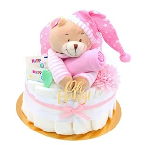 Trend Mama Windeltorte Mädchen -Traum in rosa- mit Spieluhr Bär-rosa Lätzchen handbedruckt mit Spruch 50% Mama 50% Papa…