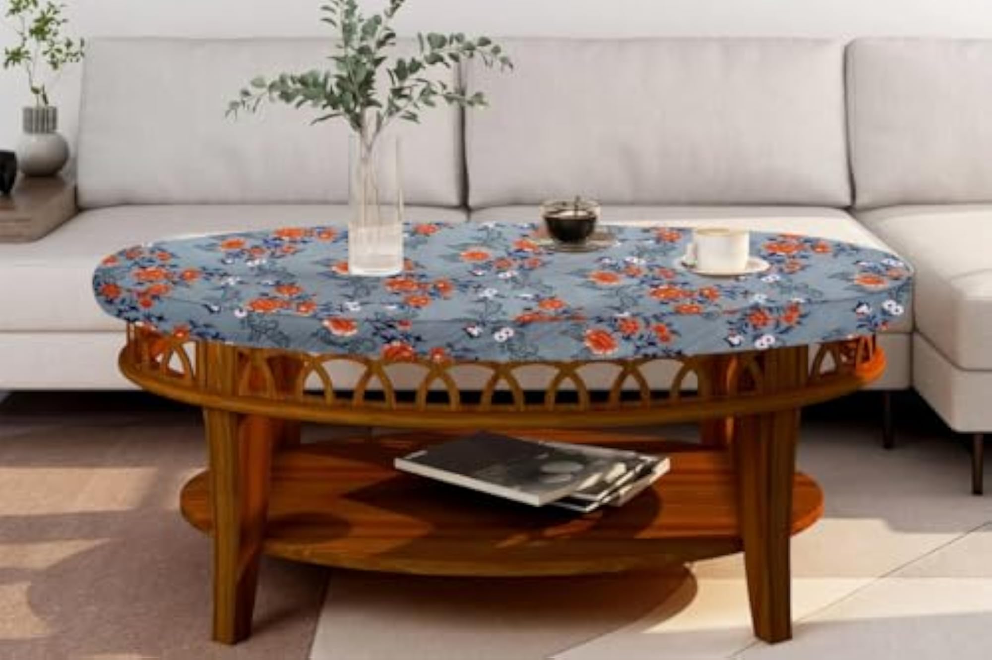 Elastic Oval Center Table Cover with Floral Pattern