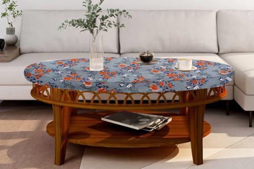 Image of The Furnishing Tree Elastic Oval Center Table Cover WxL 18x60 in Inches Polyester Floral Pattern Blue