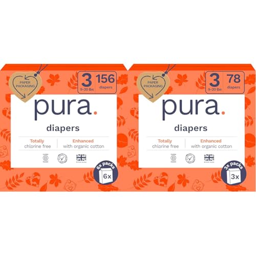 Image of Pura Sensitive Skin Baby Diapers | Size 3 (9-20 lbs) | Bulk, Hypoallergenic, Totally Chlorine Free, Fragrance Free, | 9 Packs of 26 (234 Diapers)