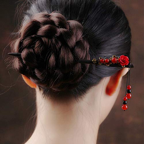 18CM Wooden Hairpins Lacquer Red Rose Beads with Tassel Hair Stick Packaged in Gift Box