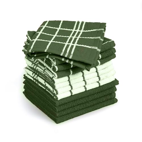 Home Labels 12 Pack Green Kitchen Towels and Dish Towels for Kitchen 100% Cotton Dish Cloths for Drying Dobby Weave Design Highly Absorbent and Machine Washable 15