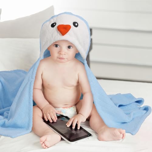 Image of Baby Towels with Hood for 1-6, 2-Pack Toddler Bath Towel with Animal Face Soft Absorbent,Premium Coral Fleece Ultra Absorbent Thick Shower Gift for Kids Infant,White Cow &Blue Penguin Set