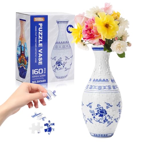 Image of 3D Puzzle Planter Vase for Adult, 160 Pieces DIY Flower Vase for Home Decoration - Perfect Housewarming Gift (Blue and White Porcelain)