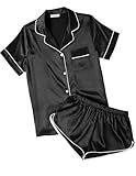 Ekouaer Womens Silk Satin Pajamas Short Sleeve Sleepwear Soft Button Down Loungewear 2 Piece PJS Shorts Set Black Medium
