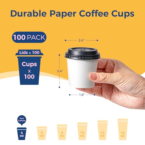 Fit Meal Prep 100 Pack 4 oz Disposable Coffee Cups with Lids, Premium To Go Paper Cups, Leak Proof Hot Coffee Cups with Lids for Travel, Office, Hot/Cold Beverages (Black Lids)