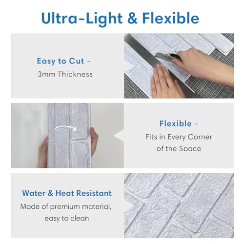 COMSTICKC 3D Wandpaneele Selbstklebend Steinoptik Weiß,10 Stück, Wandverkleidung Selbstklebend Steinoptik Backstein 3D PVC Wandpaneele für Innenwanddekoration,30x30 CM,Wasserdicht