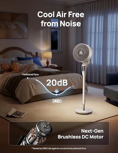Image of DREO Fan for Bedroom, 2026 Upgraded, 90ft Airflow, 20dB Quiet Fan, 90 Oscillating Standing Fan for Whole Room, DC Motor, 8+H Speeds, 3 Modes, 38-42'' Adjustable Height, 8H Timer, 105 Manual Vertical