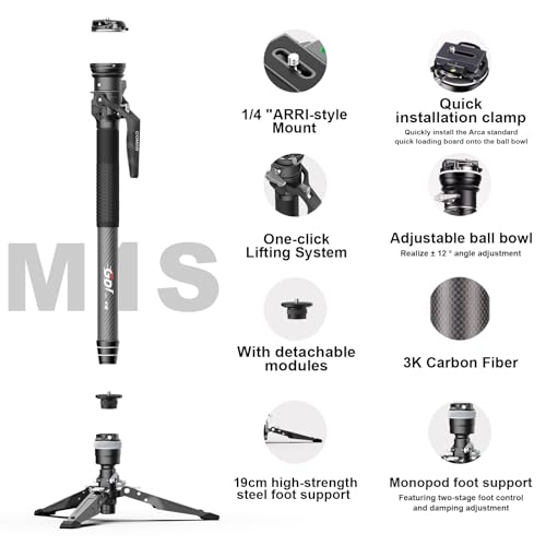 COMAN One-Click Lifting Monopod with Feet, 65'' Carbon Fiber Camera Monopod with 360° Ball Bowl Head, Lightweight Tripod with Arca Quick Release for Sony Canon Nikon, DSLR, Max Load 22lbs/10kg (M1S)