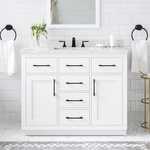 Image of OVE Decors Athea 42 in. Single Sink Freestanding White Bathroom Vanity with White Engineered Marble Top, Matching Backsplash, Power Bar and Matte Black Hardware