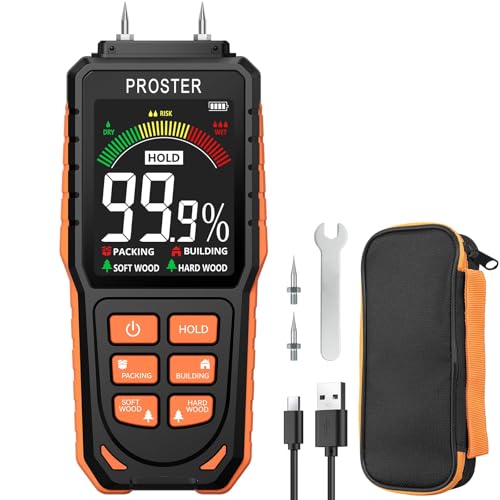 Proster 木材水分計 ピン式水分計 木材/包装材/建材用測定器 4つの測定モード 充電可能 大型LCD表示 高湿度警告 データ保持 校正機能付き 日本語説明書付き