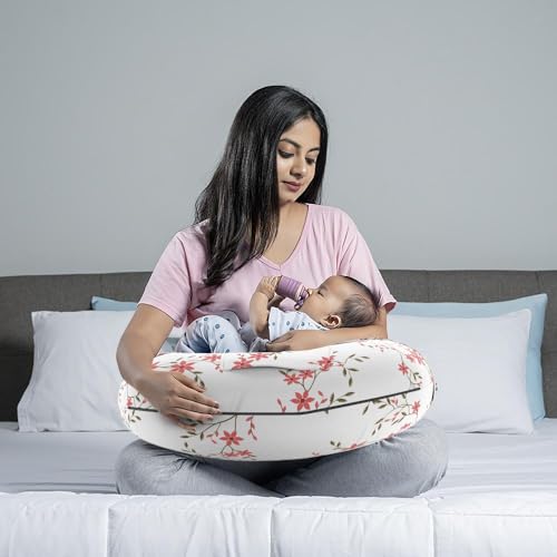 Image of Wakefit Feeding Pillow for New Born Baby | 3 Months Warranty | 5 in 1 Nursing Pillow with Belt and Hoop for Breastfeeding with Cotton Removable Cover | Sakura White