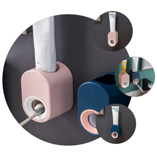 Ciieeo Othpaste Dispenser for Bathroom 2pcs Set Anti-Slip Base Wall Mount Automatic Squeezer Blue Pink