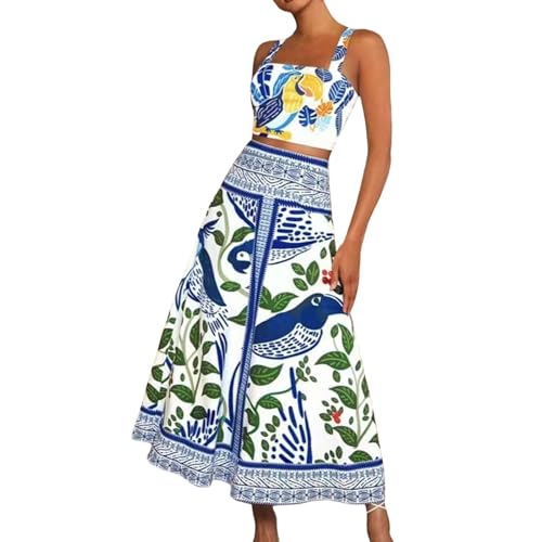 Conjuntos de falda con estampado floral tropical de dos piezas y falda larga de verano para mujer