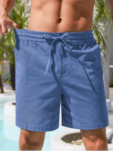 Image of RQP Mens Cotton Linen Shorts Casual Drawstring 7inch Inseam Shorts Stretch Summer Beach Wear
