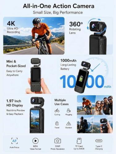 Image of Pocket Action Camera 4K Recording Handheld 1.97 Inch Screen HD Vlog for Cycling Sports and Action Camera (Multicolor, 12 MP)
