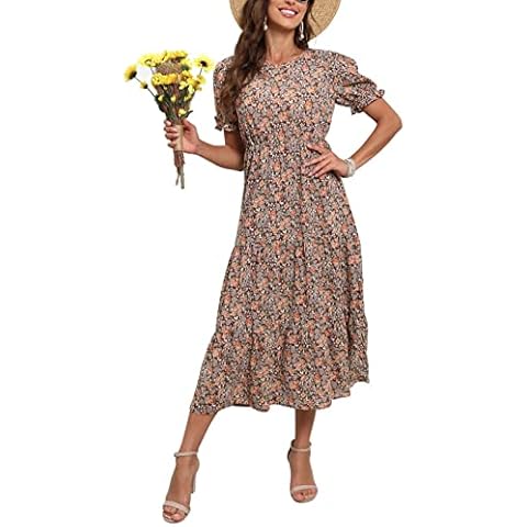 GRECERELLE Womens Summer Midi Dress Floral Print Boho Dress Ruffle Puff Sleeve High Waist A-Line Casual Boho Cocktail Holiday Beach Long Dress for Ladies (FP Pastoral Coffee, M) Cover