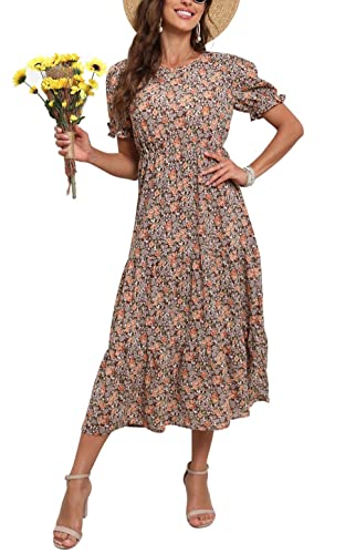 GRECERELLE Damen Sommer Midikleid Blumendruck Boho Kleid Rüschen Puffärmel Hohe Taille A-Linie Casual Boho Cocktail Urlaub Strand Langes Kleid für Damen, Fp Pastoral Coffee, Medium Cover