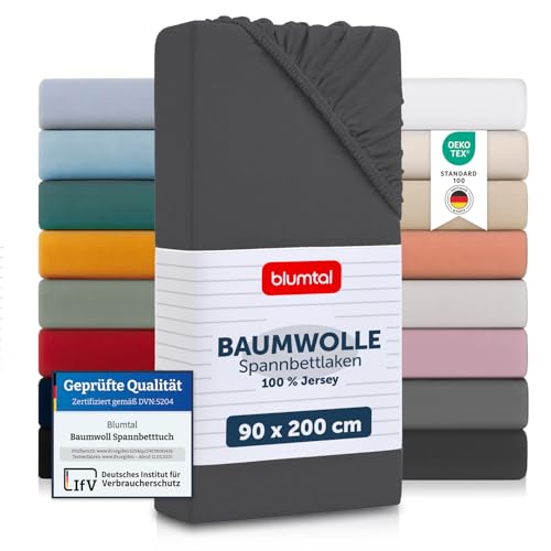 Blumtal® Basics Spannbettlaken 90x200cm Jersey - bettlaken 90x200cm aus 100% Baumwolle - Oeko-TEX zertifiziertes Spannbetttuch 90x200 cm - Spannbettlaken Baumwolle 90x200 cm - Anthrazit