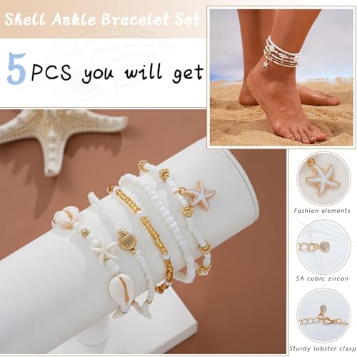 Image of Boho Shell Ankle Bracelet Set for Women, 5 Pairs 14K Boho Bead Handmade Adjustable Anklet, Hawaiian Beach Seashell Starfish Foot Jewelry Gifts