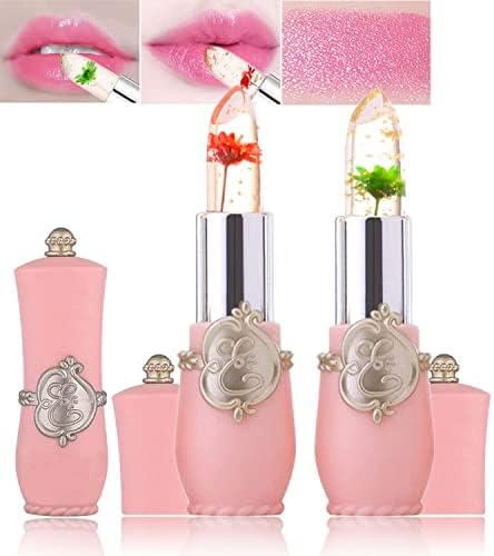 Witcrskm Color Changing Lipstick 2Pcs, Magic Crystal Flower Jelly Lip Gloss Makeup Set, Long Lasting Lip Balm Moisturizer PH Clear Temperature Lipsticks,