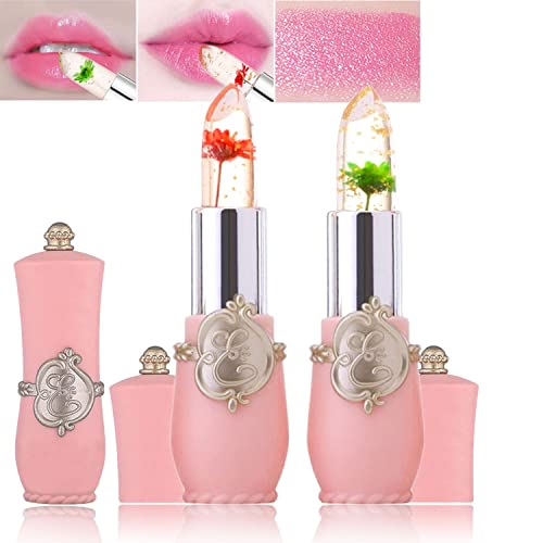 Witcrskm Color Changing Lipstick 2Pcs, Magic Crystal Flower Jelly Lip Gloss Makeup Set, Long Lasting Lip Balm Moisturizer Ph Clear Temperature Lipsticks, #TOP3